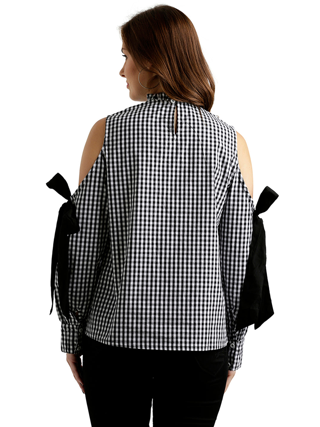 Women's Black And White Ruffled Round Neck Tie-Up Full Sleeve Cotton Checkered Frilled Cold Shoulder Top