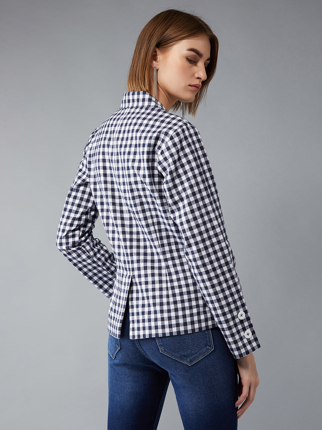 Women's Navy Blue and White Collared Full Sleeves Checkered Notched Jacket