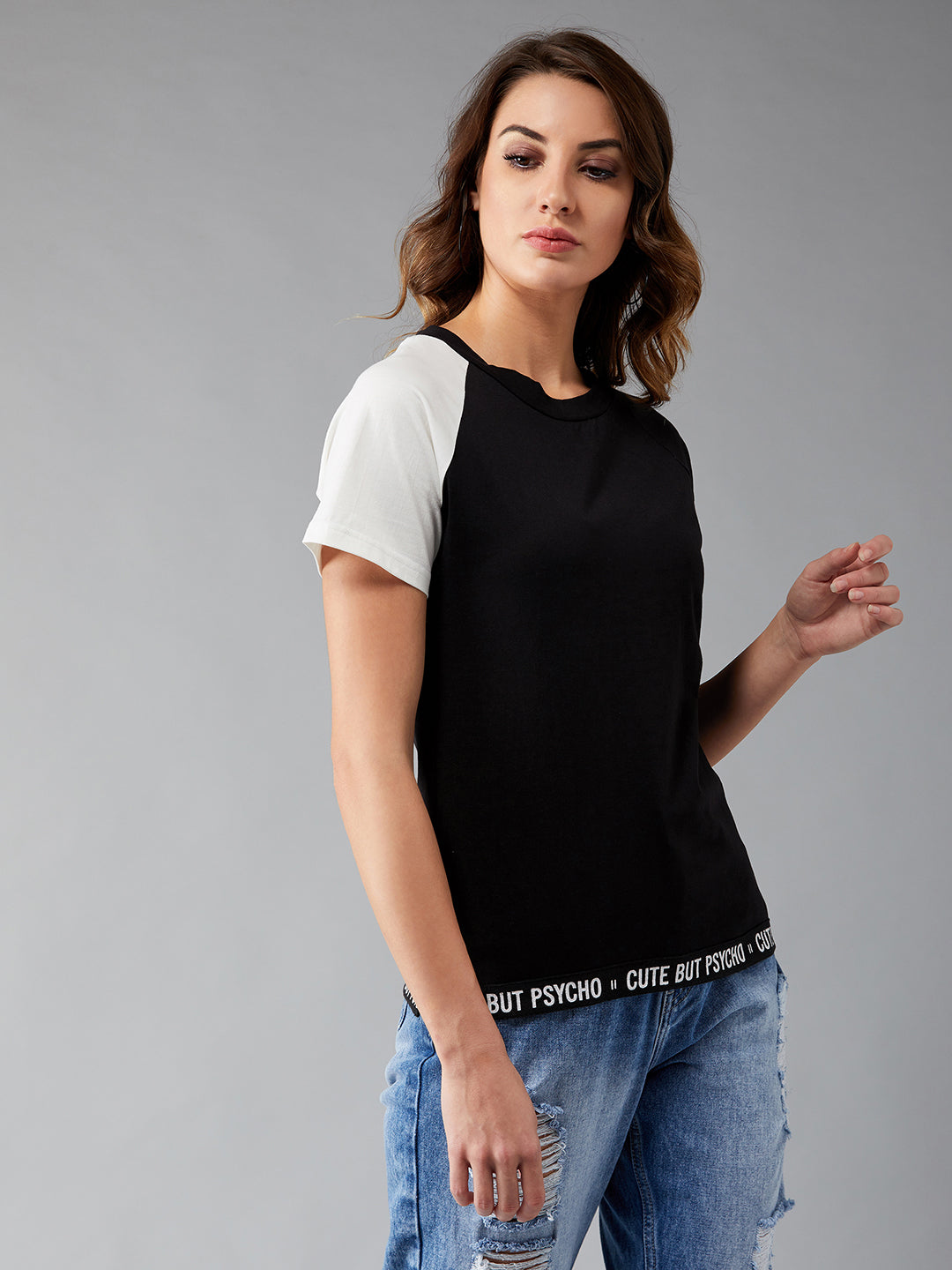 Women's Black and White Round Neck Short Sleeve Solid Basic Regular T-Shirt