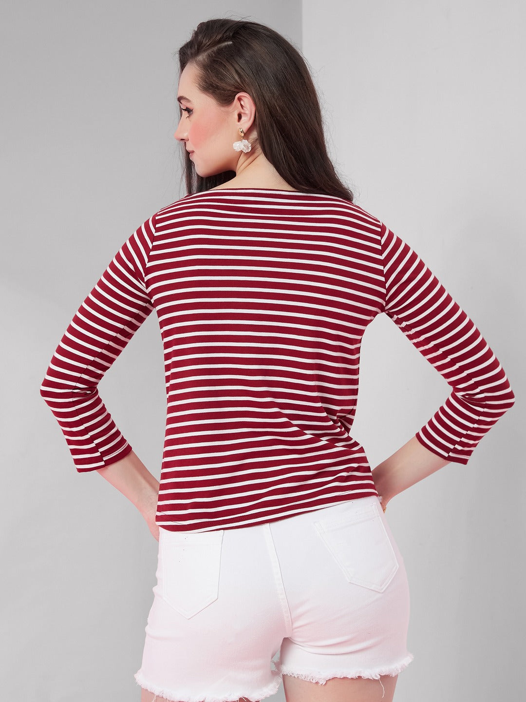 Maroon & White Boat Neck 3/4 Sleeve Cotton Striped Top for Women