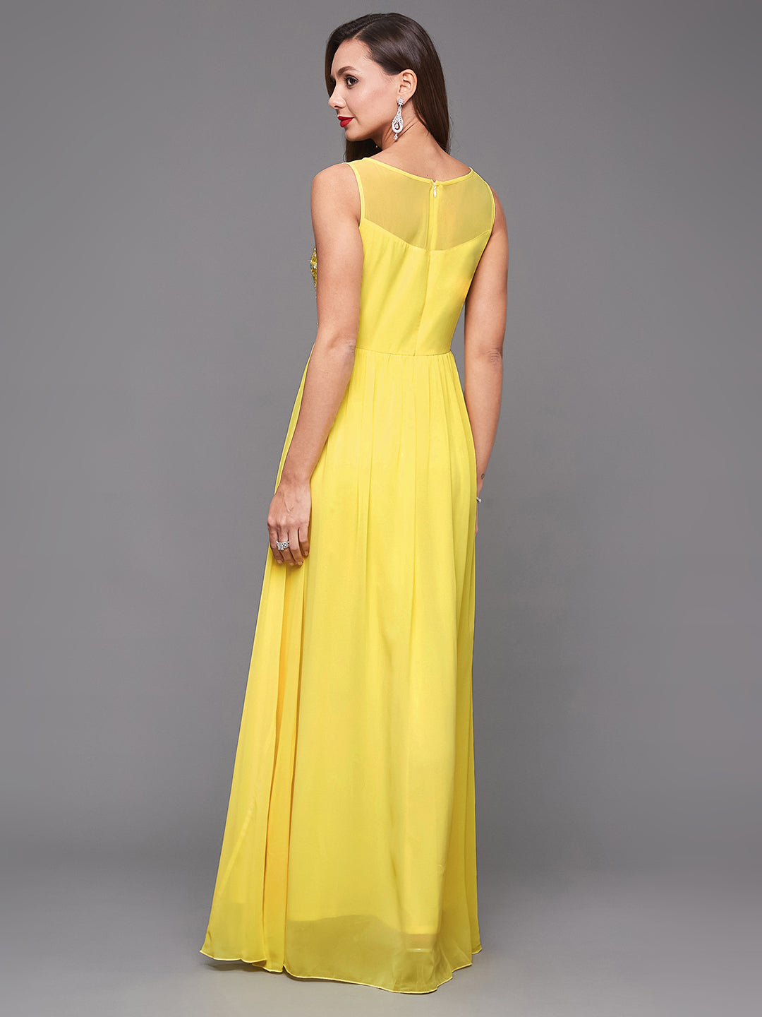 Women's Light Yellow Boat Neck Sleeveless Embroidered Georgette Gathered Maxi Dress