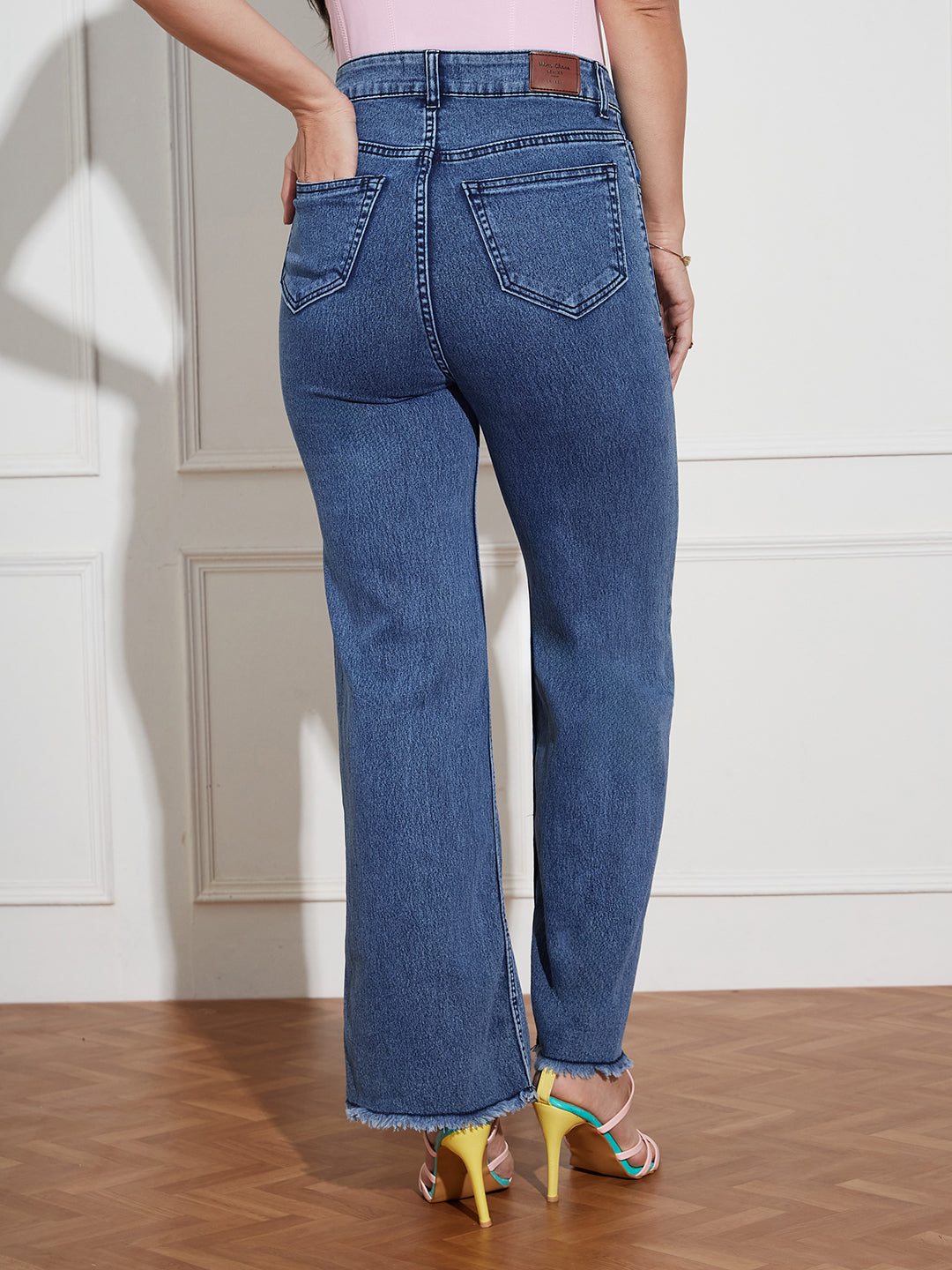 Women's Navy-Blue Wide-Leg High Rise Regular-Length Stretchable Denim Jeans