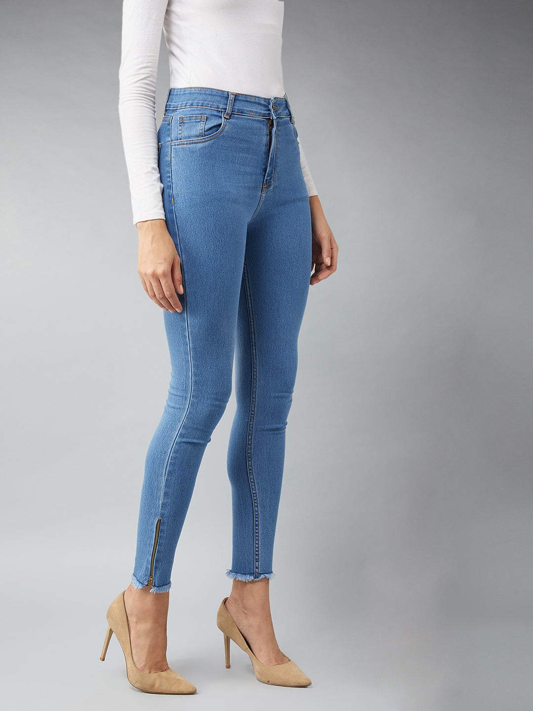 Women's Blue Skinny High Rise Clean Look Fringe And Side Zipper Detailing Cropped Denim Jeans