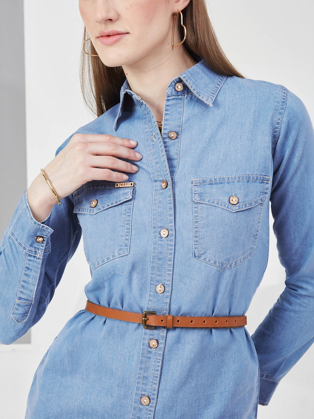 Blue Polo Neck Rolled Up Full Sleeve Denim Solid Buttoned A-Line Mini Dress for Women