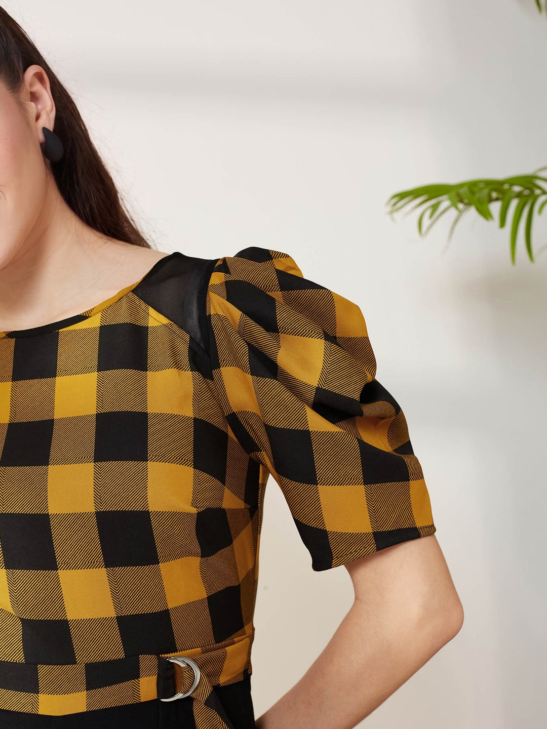 Black & Mustard Round Neck Cowl Sleeve Checkered Wide-leg Viscose-Rayon Regular Length Jumpsuit for Women
