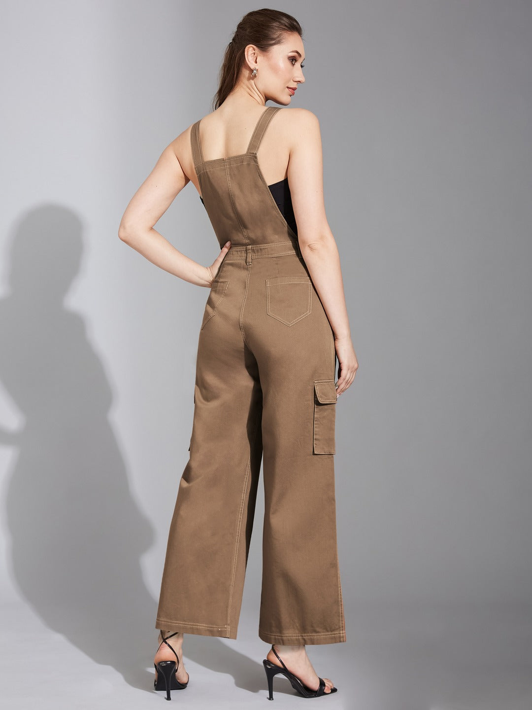 Olive Square Neck Sleeveless Solid Wide-Leg Regular-Length Cotton Dungaree for Women