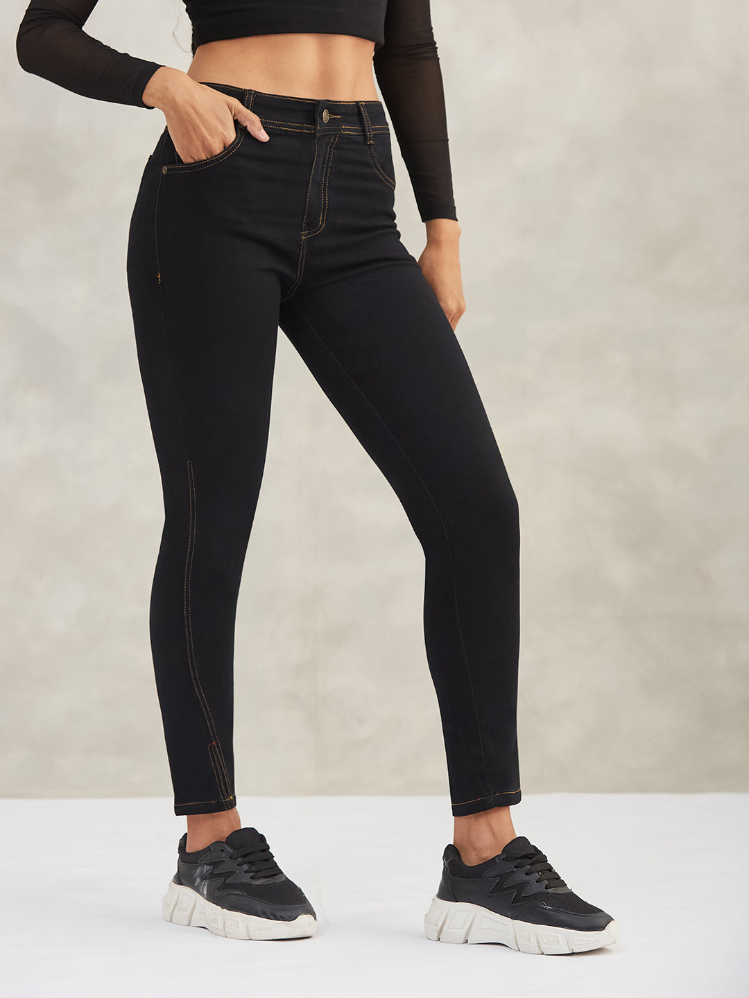 Women's Black Skinny High-Rise Side-Slit Solid Stretchable Denim Jeans