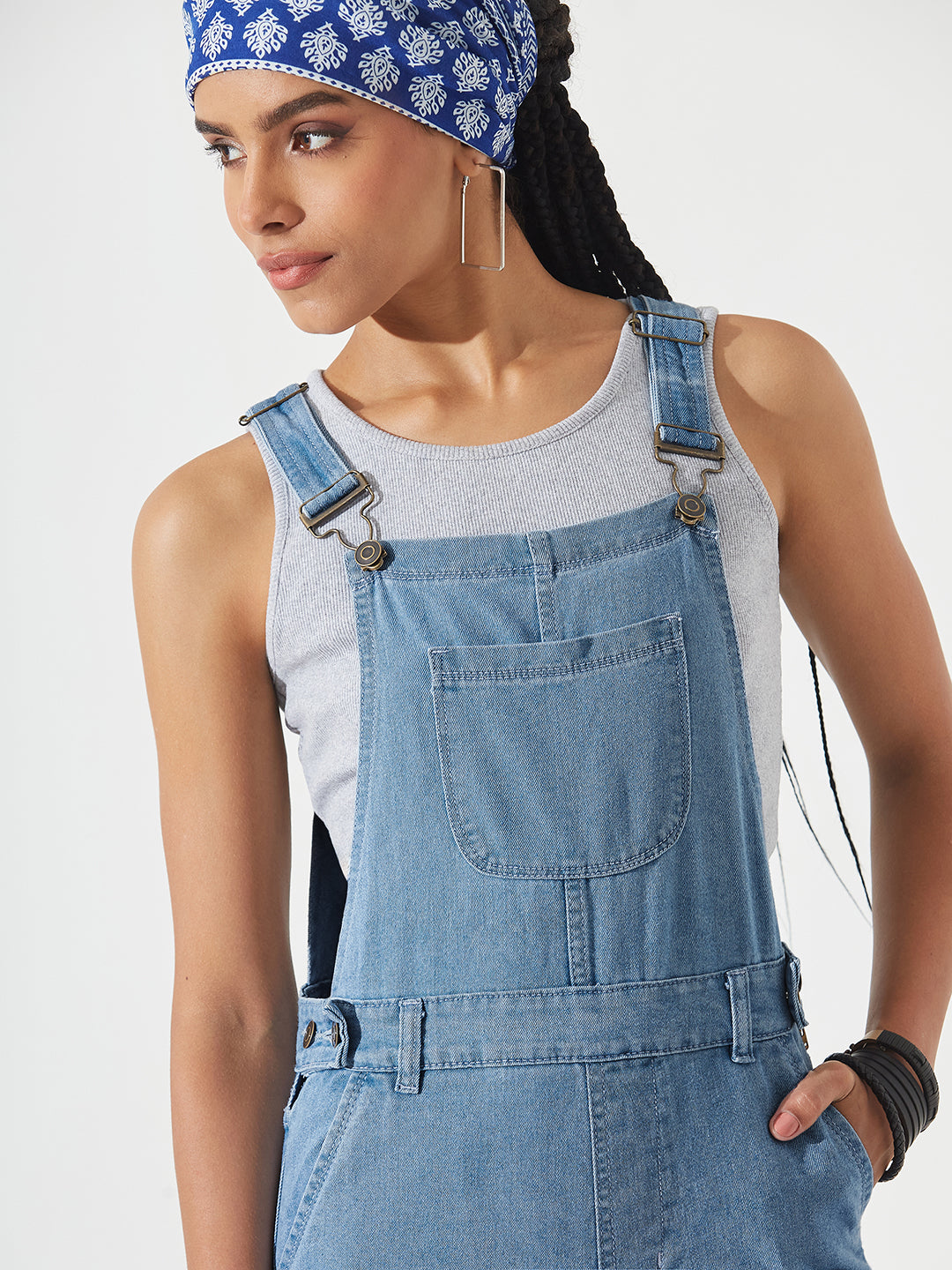 Light Blue Regular Fit Mid-Rise Ripped Denim Dungaree for Women