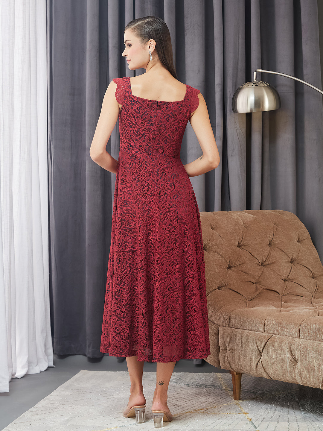 Women's Maroon Square Neck Sleeveless Self-Designed Ruffled Midi Lace Dress