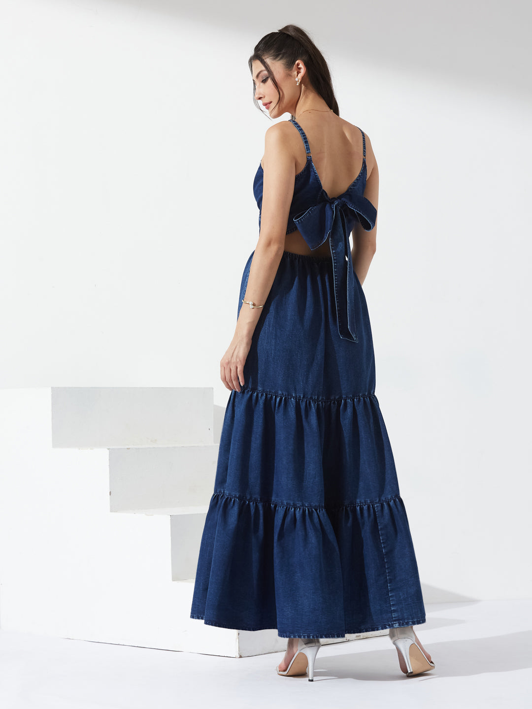 Navy Blue Sweet Heart Sleeveless Solid Tiered Tie Up Maxi Dress Maxi Navy Blue Dress For Women