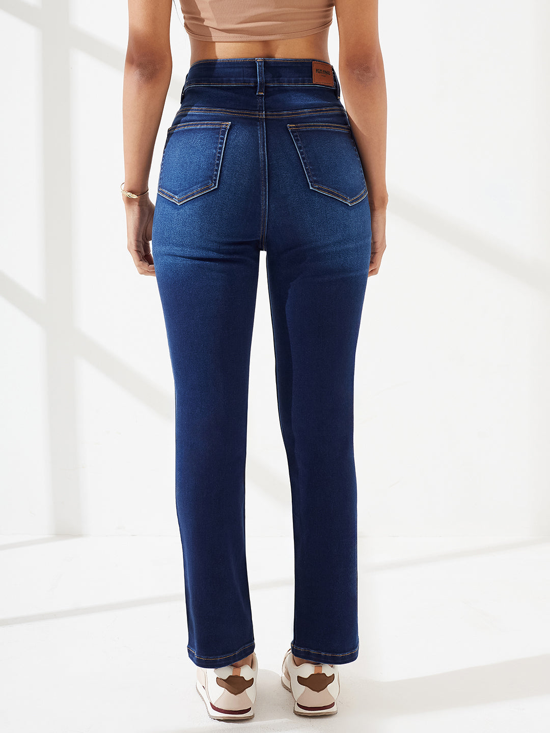 POWER STRETCH Mid-Rise Navy-Blue Semi-Straight-Fit Jeans with Whiskering & Dark Wash Finish for Women