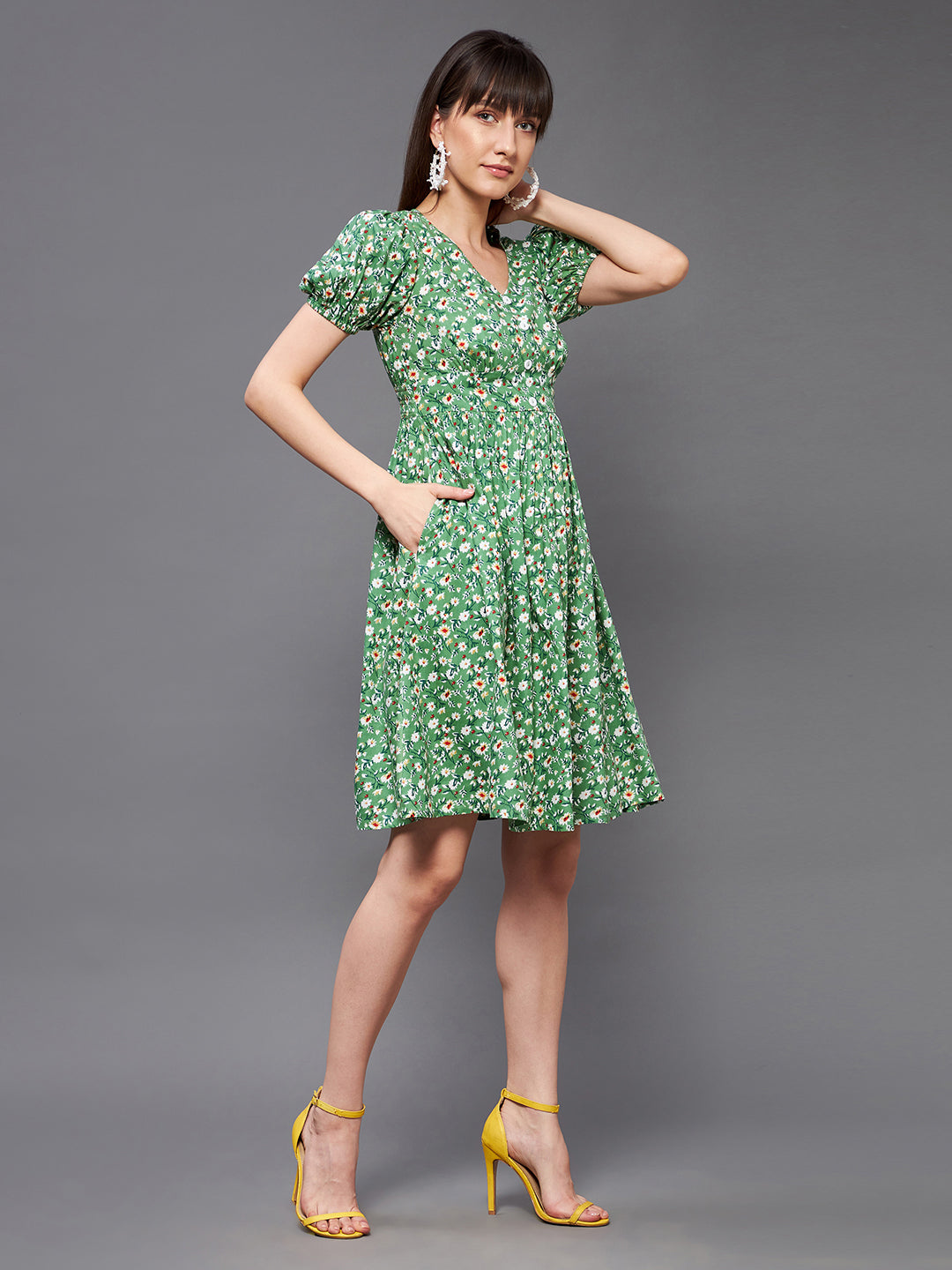 Women's Multicolored-Base-Green V Neckline Short Sleeve Viscose Rayon Floral Fit & Flare Midi Dress