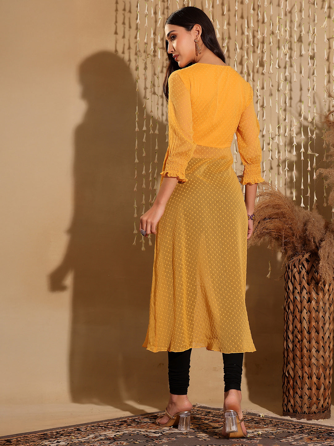 Women's Mustard Yellow V-Neck 3/4 Sleeves solid empire Maxi Top