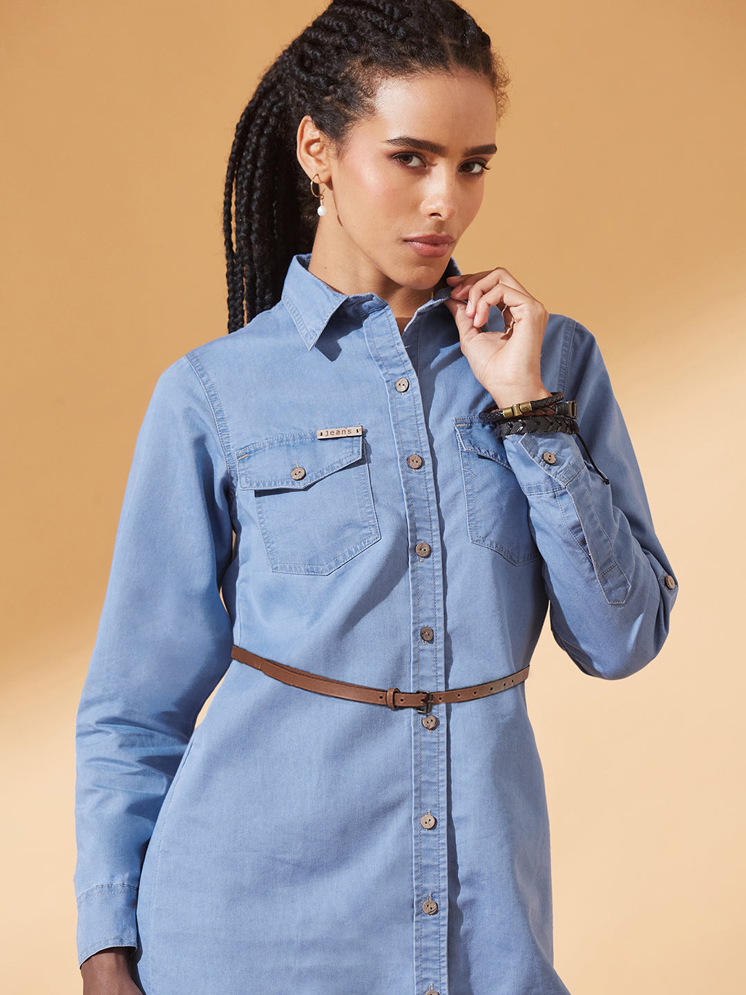 Blue Polo Neck Rolled Up Full Sleeve Denim Solid Buttoned A-Line Mini Dress for Women — Dolce Crudo