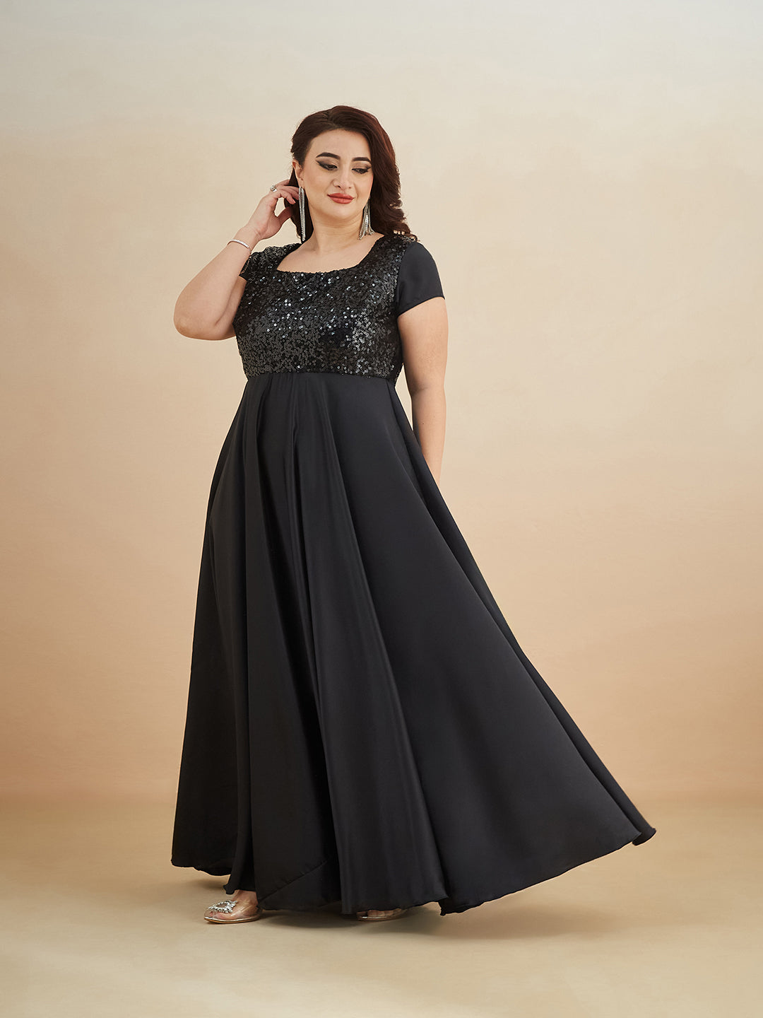 Women's Black Square Neck Short Sleeve Embellished Polyester Fit & Flare Maxi Dress