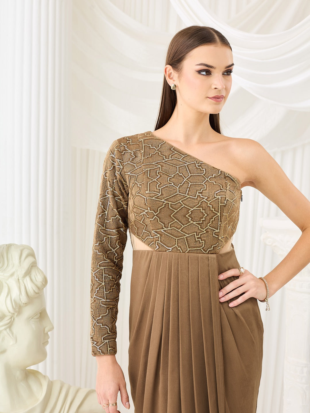 Dark Beige One Shoulder Full-Sleeve Embellished Draped Velvet Maxi Dress for Women