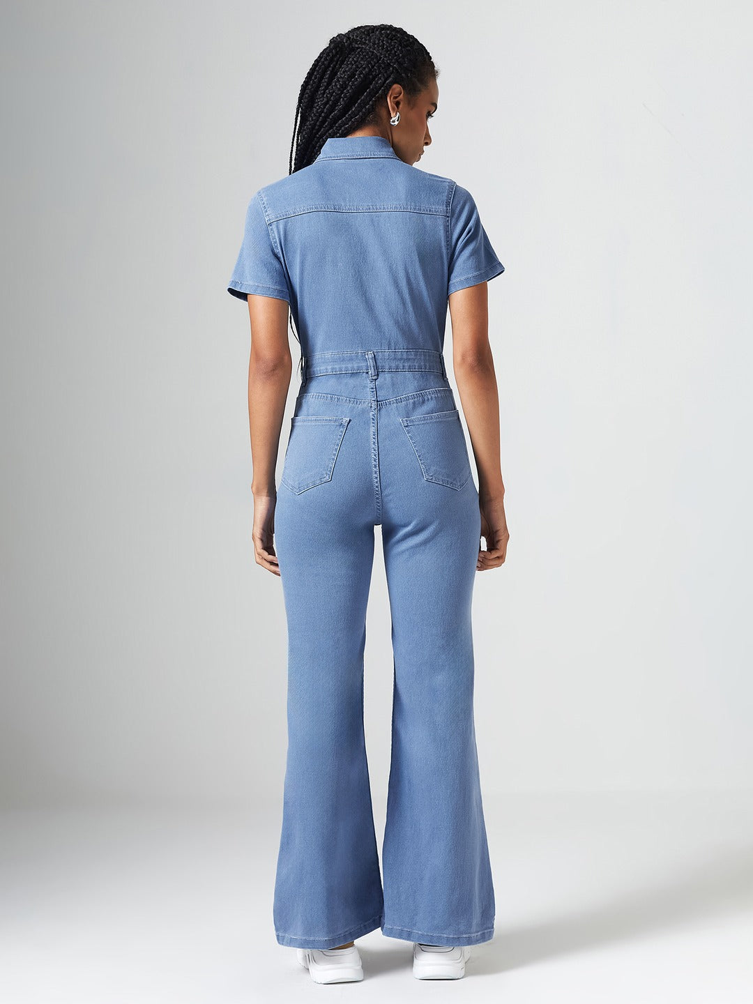 Light Blue Flared High Rise Regular Length Stretchable Denim Jumpsuit for Women