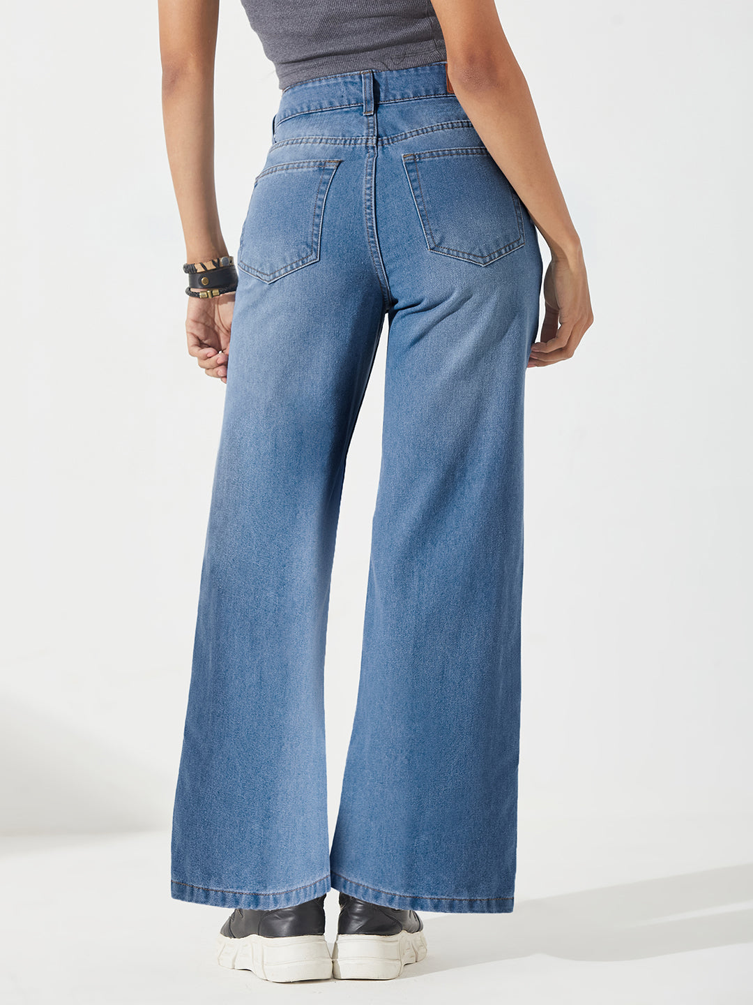 Light Blue Wide-Leg High-Rise Non-stretchable Denim Jeans For Women
