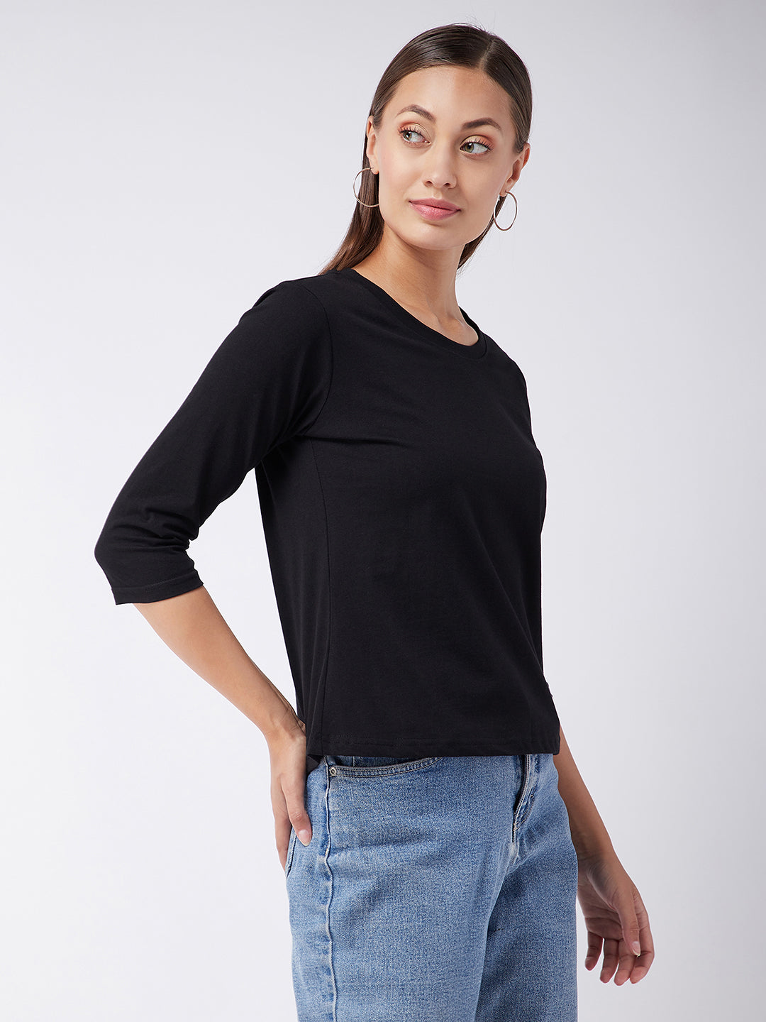 Women's Black Round Neck 3/4 Sleeves Solid Basic Top