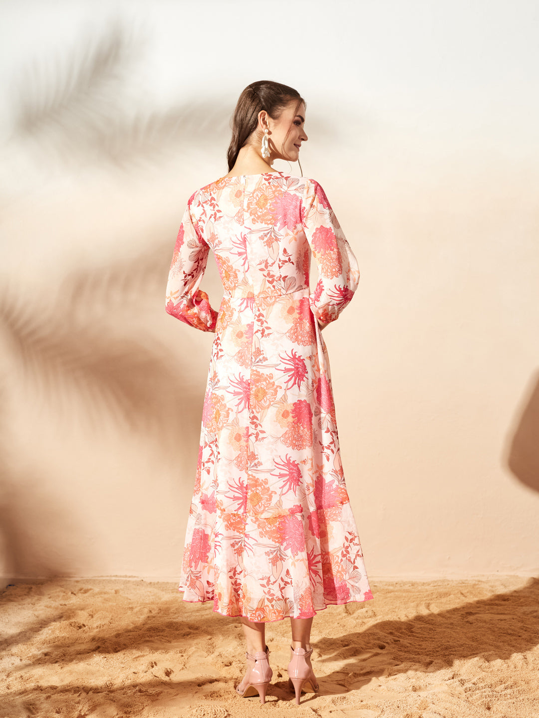 Women’s Multicolored Light Peach Floral V-Neck 3/4 Sleeve Wrap Midi Chiffon Dress for Women