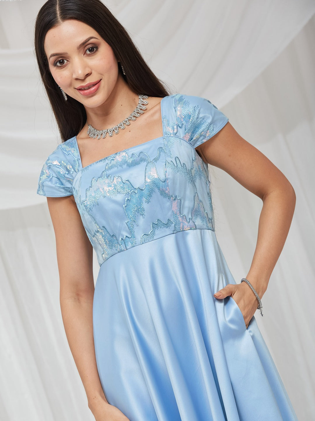 Light Blue Sequinned Cap-Sleeved Satin Maxi Dress for Women