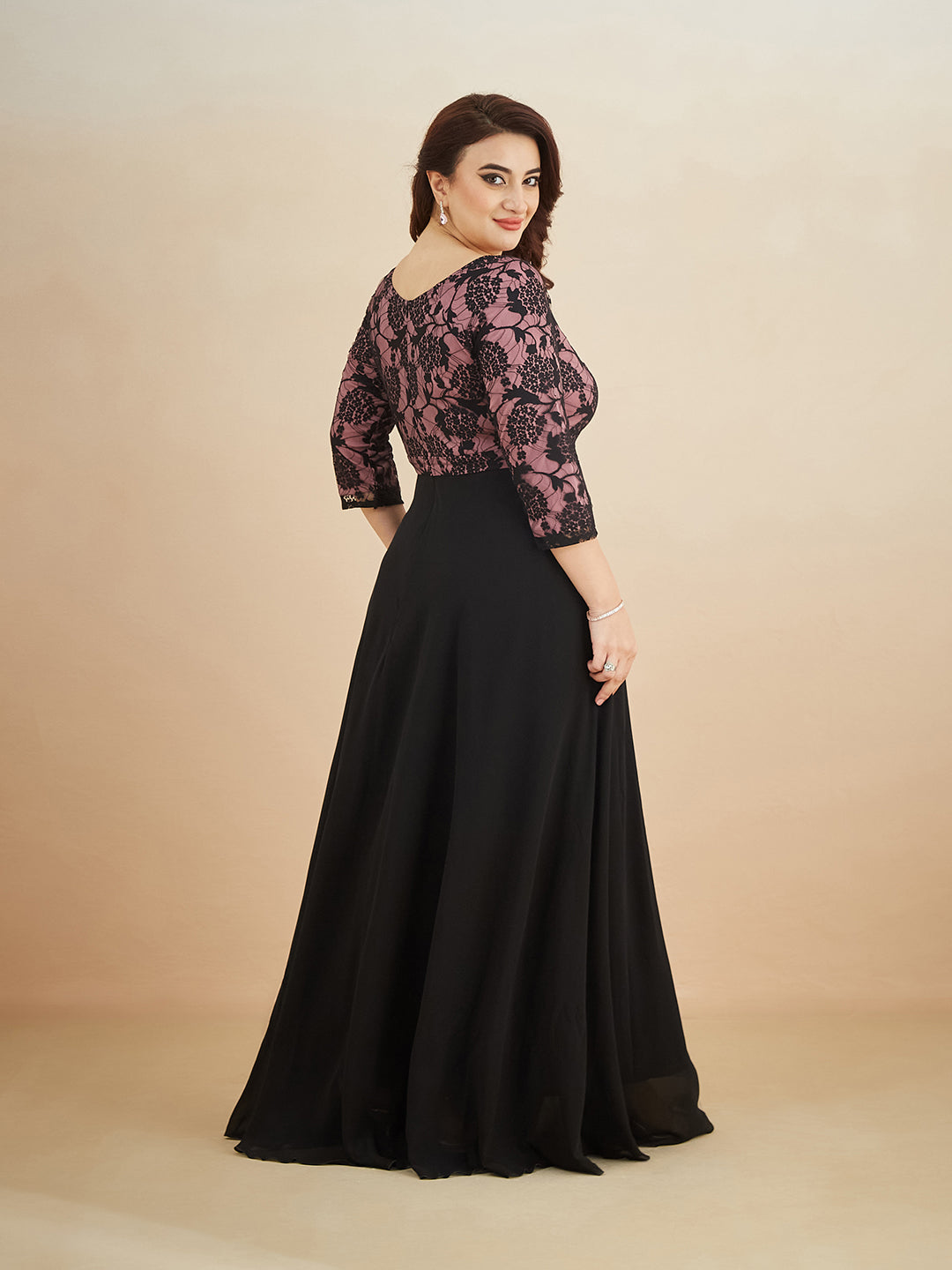 Black And Lavender Sweet heart neck 3/4 Sleeve Self Design Fit & Flare Maxi Dress for Women