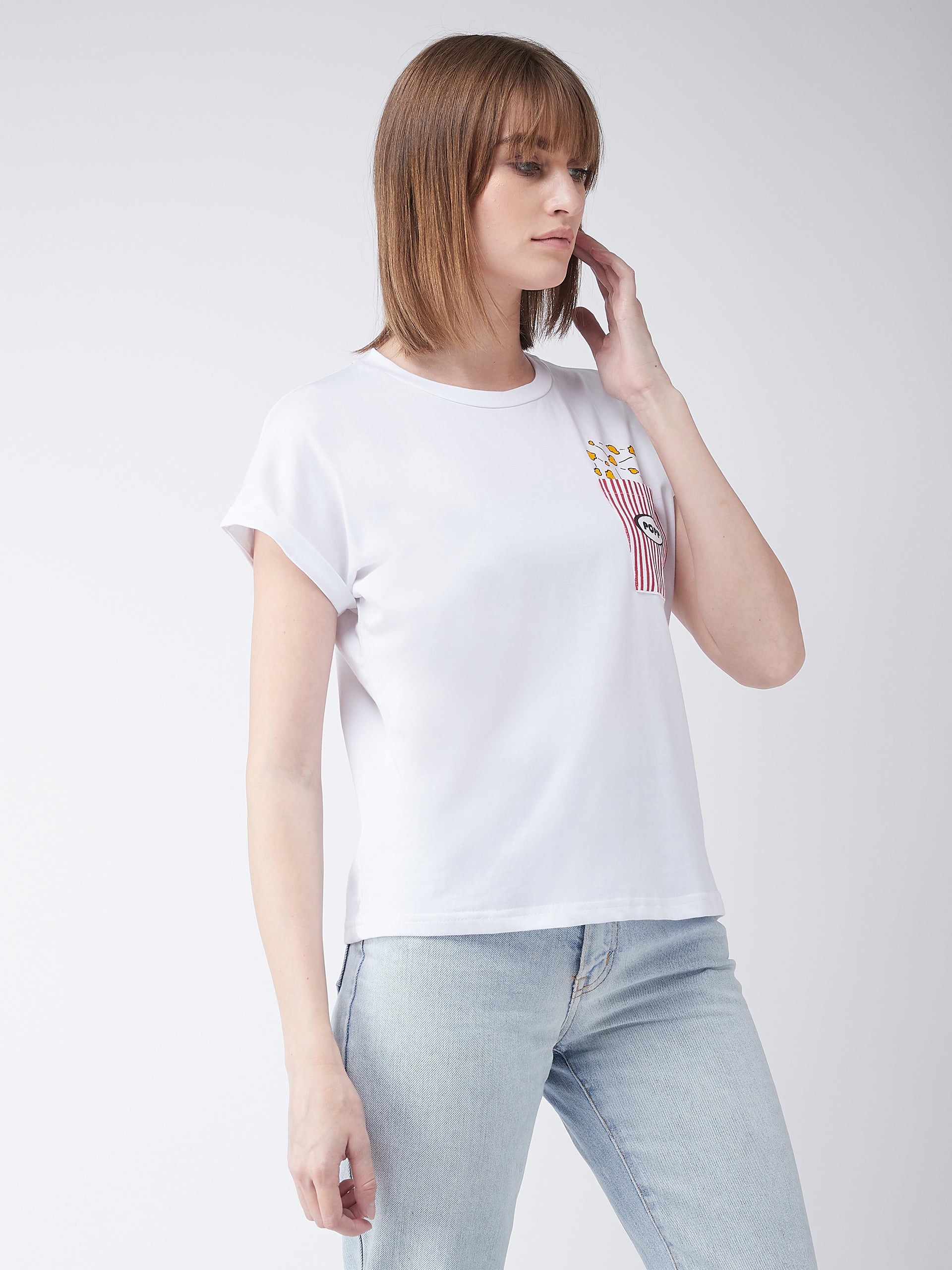 Women's White Cotton Round Neck Short Sleeve Graphic Print Basic T-Shirt