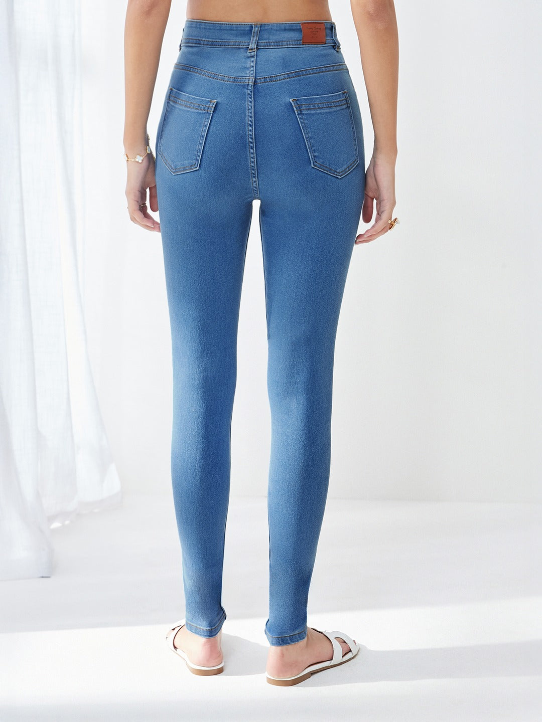 Blue Skinny High Rise Distressed Regular Length Denim Jeans for Women