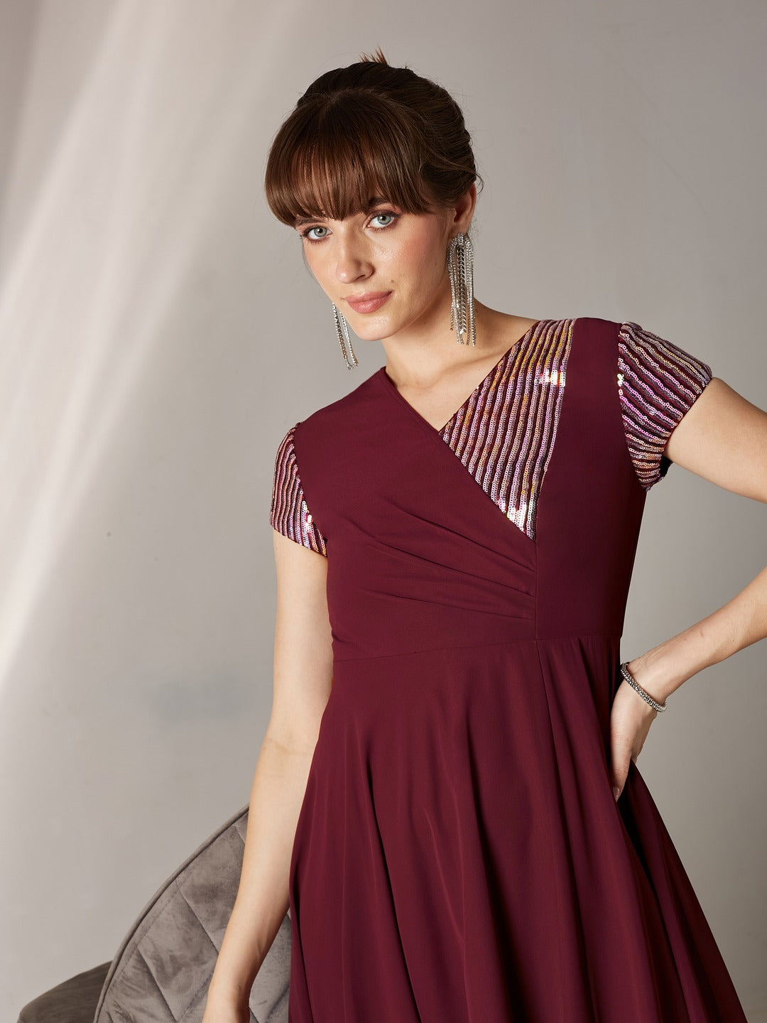 Wine V-Neck Short Sleeve Embellished Asymmetric Maxi  Dress for Women