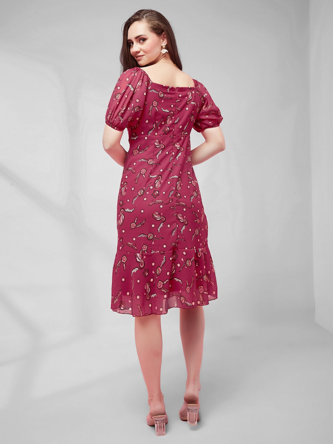 Dark Pink Sweetheart Half Sleeve Floral Fit & Flare Midi Dress for Women