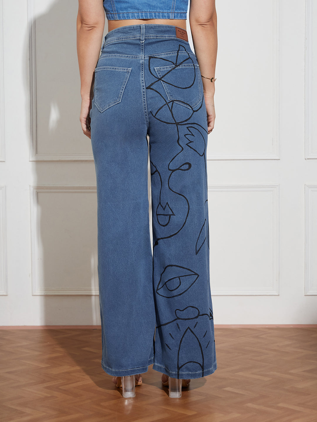 Women's Blue Wide Leg High Rise Hand Painted Clean Look Stretchable Denim Jeans