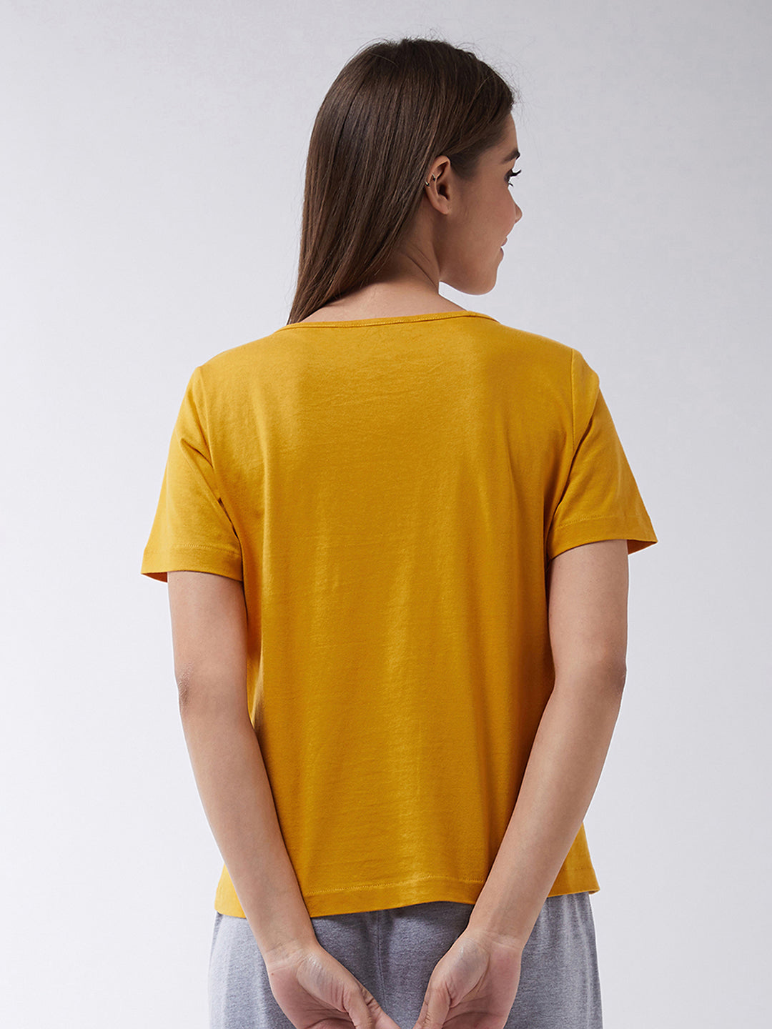 Women's Mustard Yellow Round Neck Short Sleeves Graphic Printed Regular Length T-shirt