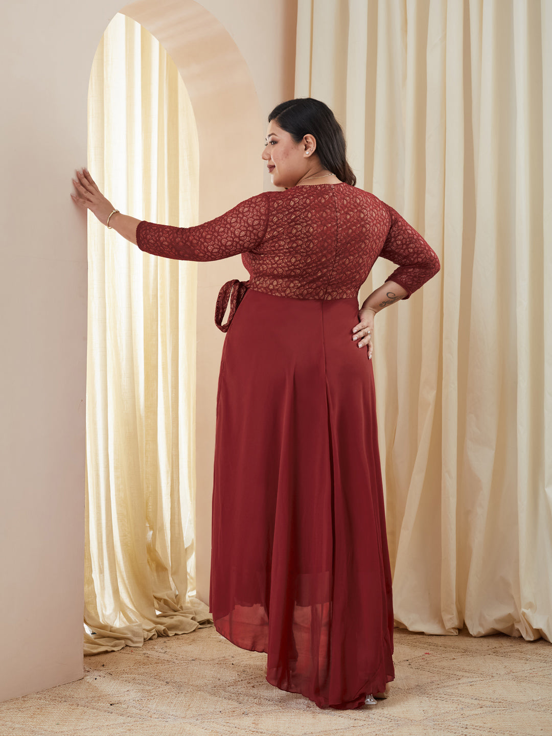 Maroon Relaxed Fit V-Neck 3/4Th Sleeve Georgette Maxi Dress  for Women