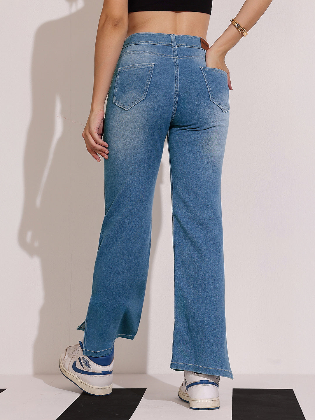 Women's Blue Wide-Leg Relaxed Mid Rise Regular Length Denim Stretchable Jeans