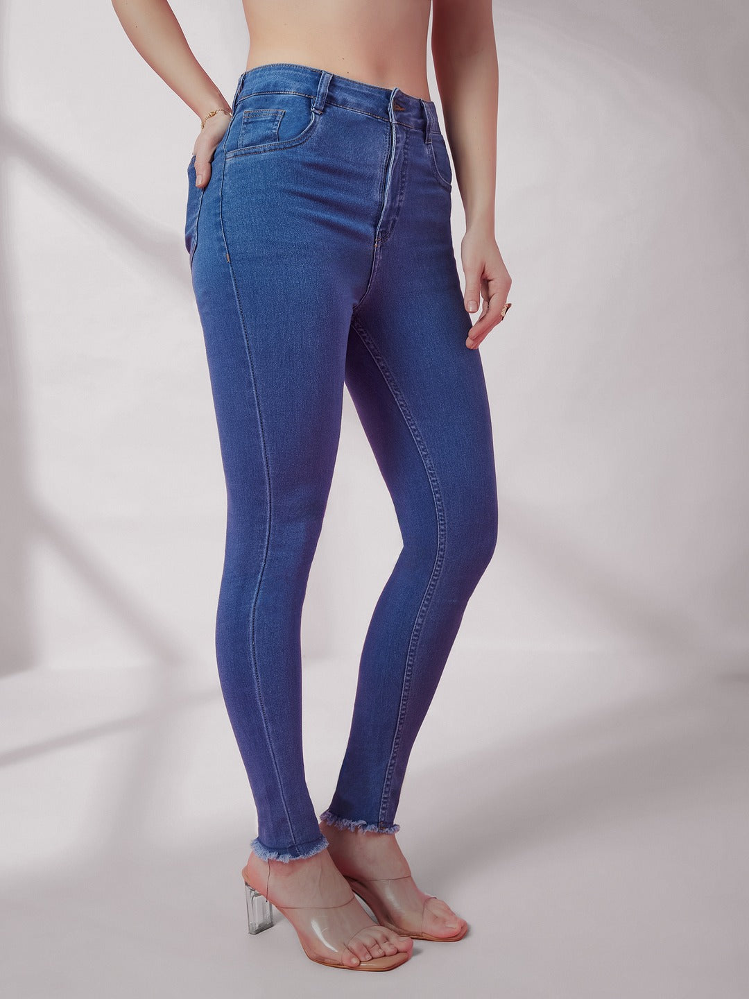 Blue Skinny High-Rise Cropped Length Fringe Detailing Stretchable Denim Jeans for Women