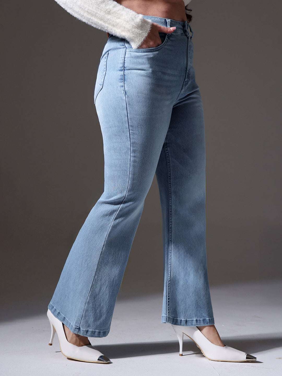 24/7 Comfort Women's Light Blue High Rise Clean Look Regular Stretchable Denim Bootcut Shaping Jeans