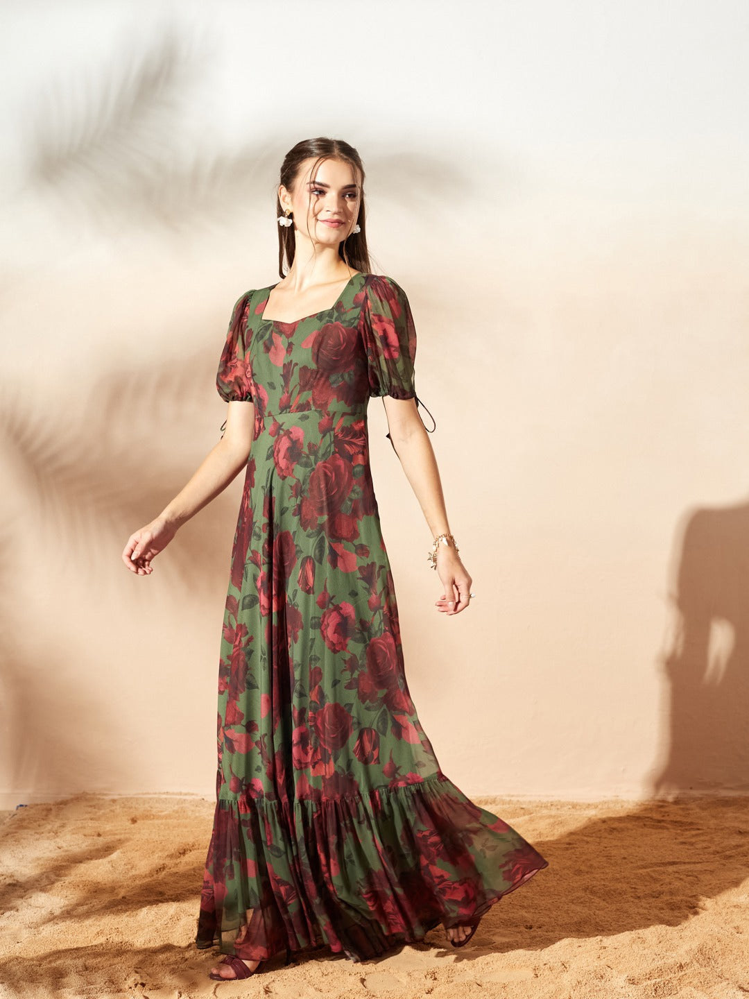 Olive And Wine Sweetheart Neck Puff Sleeve Floral Tiered Maxi Chiffon Dress for Women