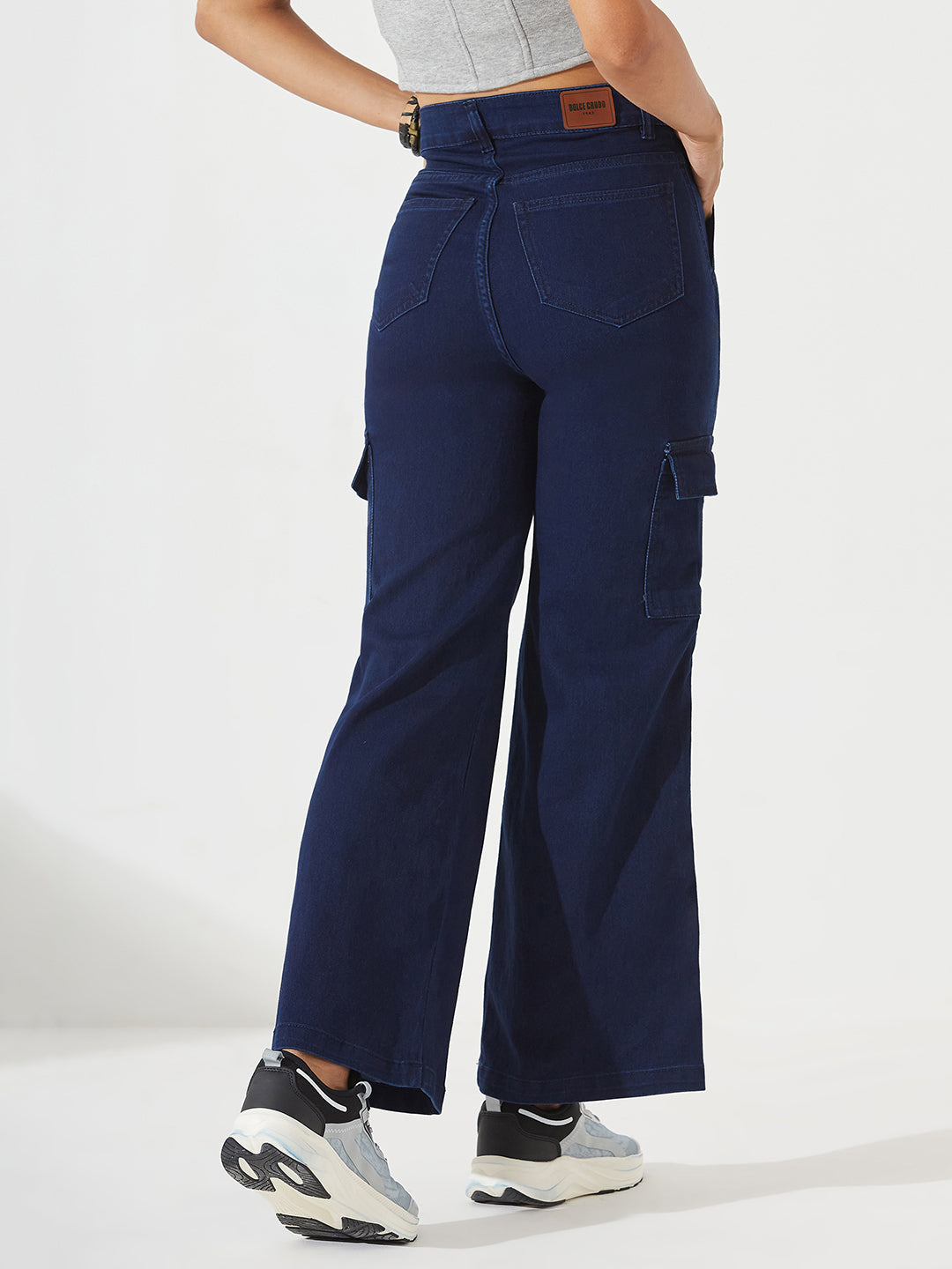 Navy Blue Wide-Leg High-Rise Stretchable Denim Cargo Jeans For Women