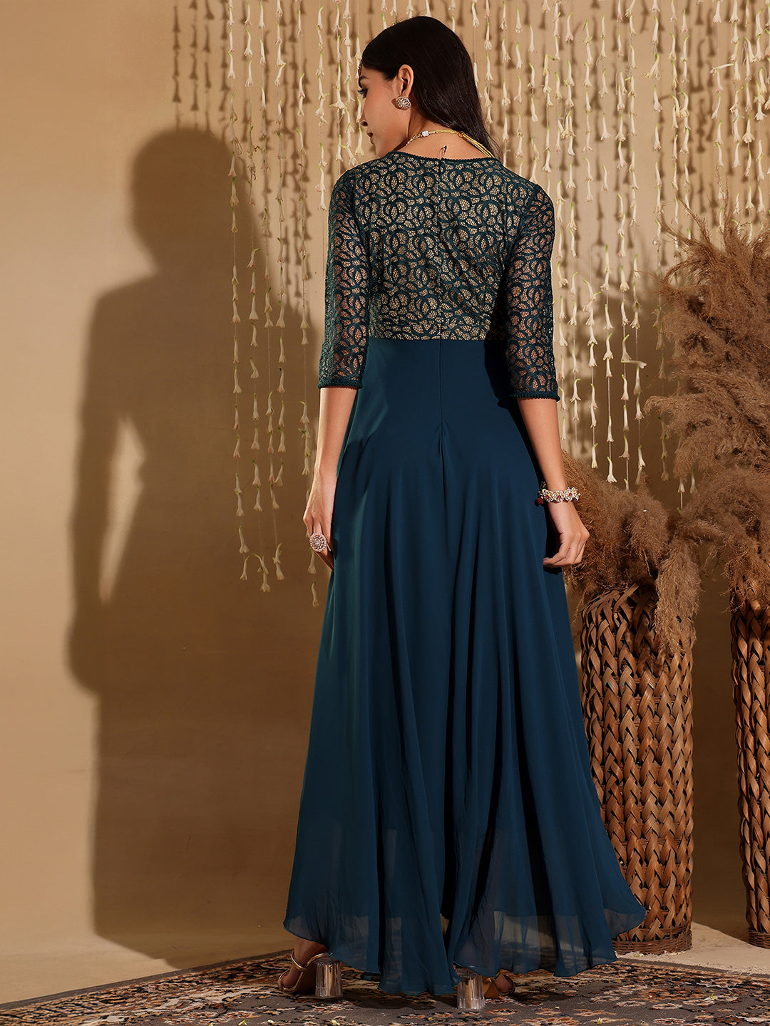Women's Teal Floral Printed Relaxed Fit V-Neck 3/4th Sleeve Maxi Dress