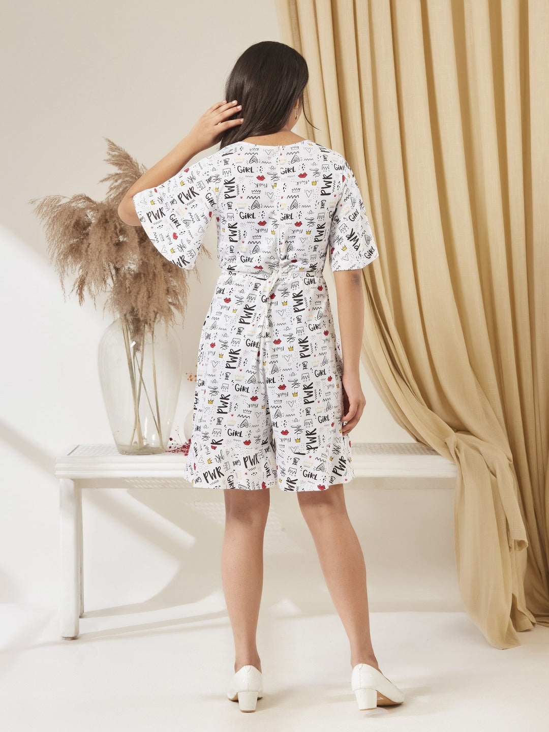White V-Neck Half-Sleeve Conversational-Printed Wrap Knee-Long Cotton Playsuit for Girls/Teenagers