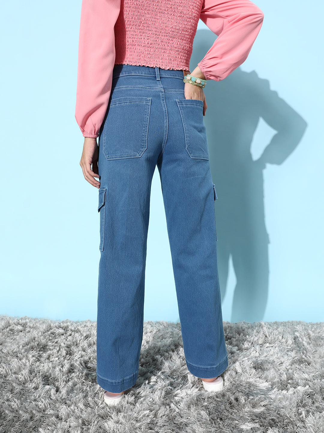 24/7 Comfort Women's Blue Wide leg Cargo High rise Clean look Regular Stretchable Denim Jeans