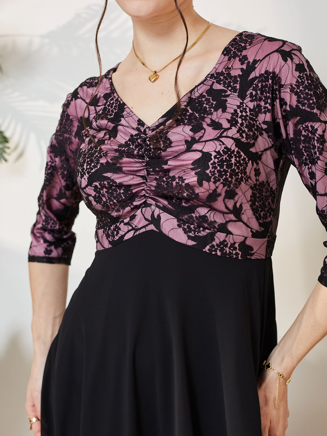 Black And Lavender Sweet heart neck 3/4 Sleeve Self Design Fit & Flare Maxi Dress for Women