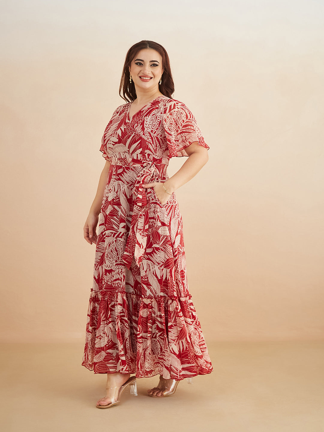 Multicolored-Base-Maroon V Neck Flared Sleeve Floral Wrap Maxi Dress for Women — Miss Chase A+