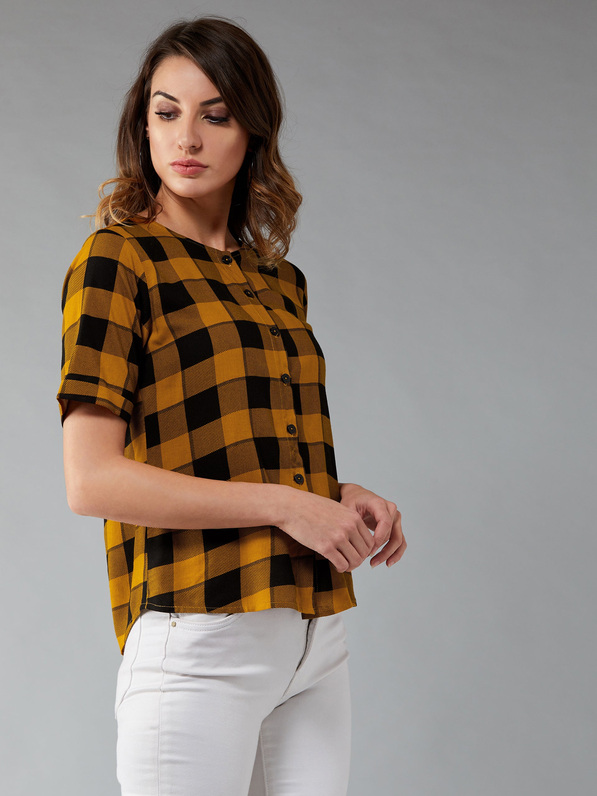 Women's Black & Mustard Round Neck Half Sleeve Checkered Boxy Regular Length Shirt