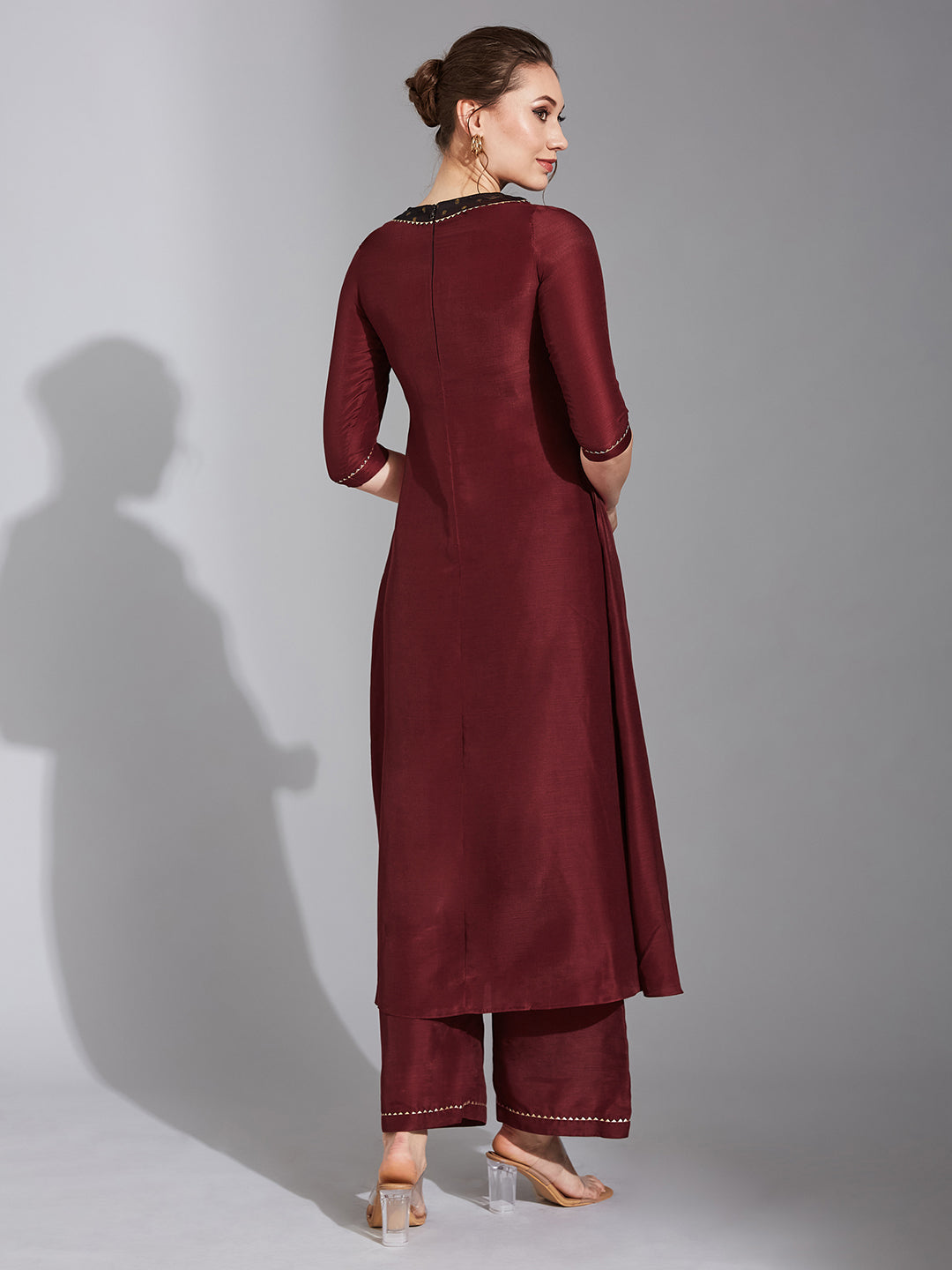 Women's Maroon Round Neck 3/4 Sleeve Self-Designed Pleated Kurta Set