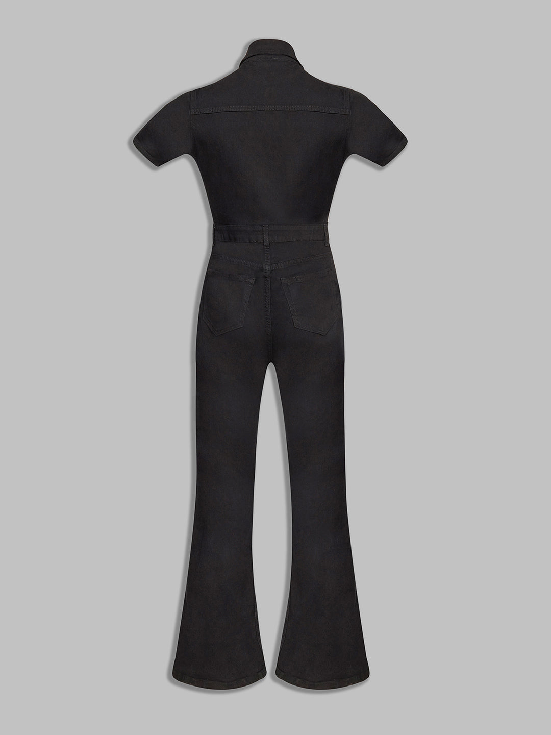 Women's Black Flared High-Rise Stretchable Denim Jumpsuit
