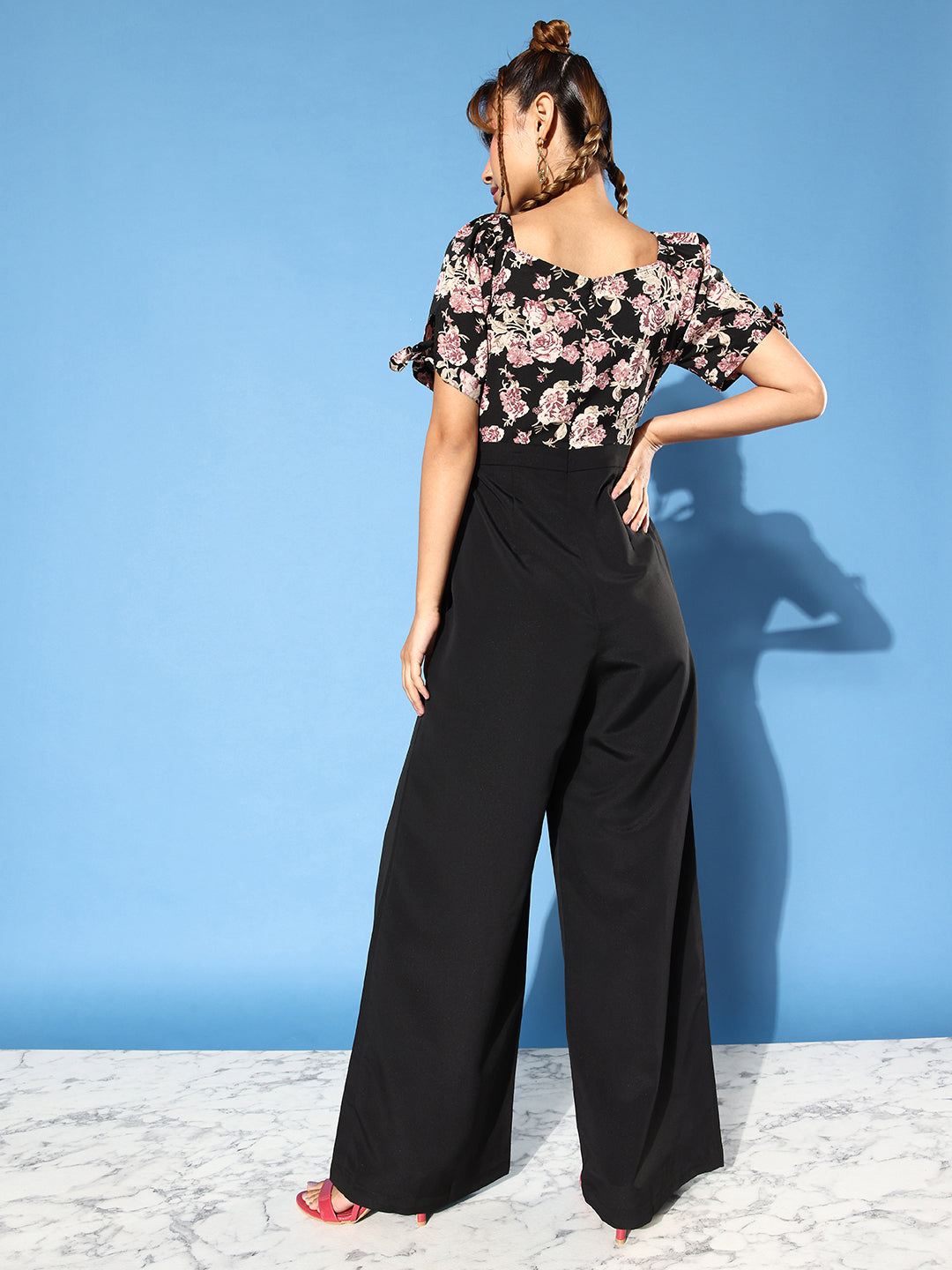 Women's Multicolored-Base-Black Square neck Puff Sleeve Floral Tie-up Regular Jumpsuit