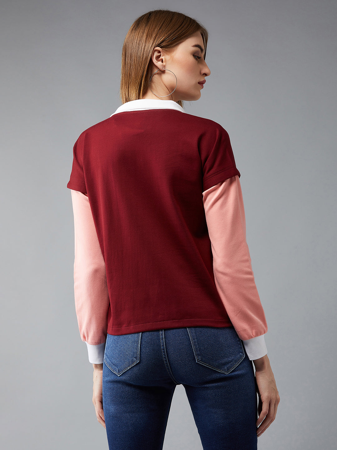 Women's Multicoloured- Base-Maroon Round Neck Full Sleeves Solid Color Block Regular Length Boxy Sweatshirt