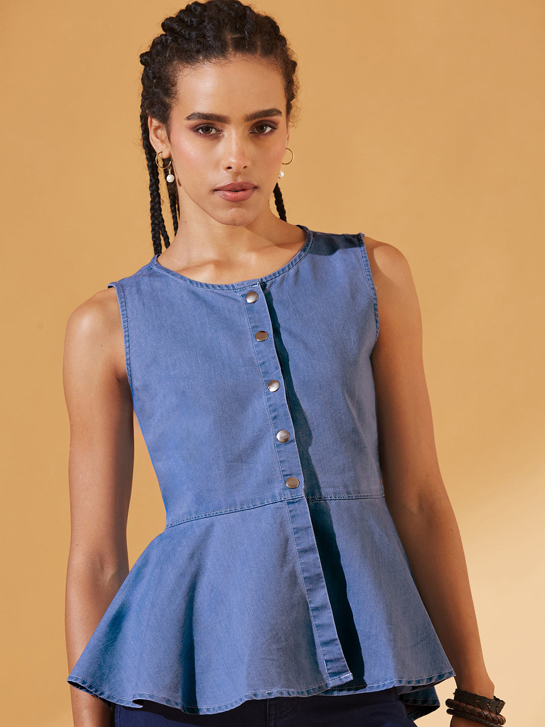 Blue Round Neck Sleeveless Denim Front Open Solid Hooded Peplum Top for Women — Dolce Crudo