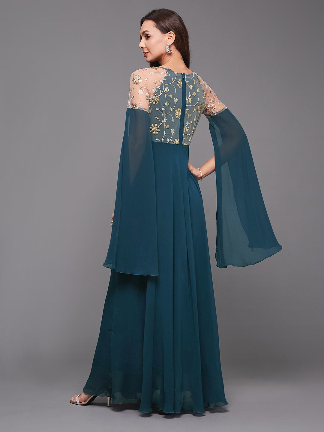 Women's Teal V-Neck Full Sleeve Embroidered Fit & Flare Georgette Maxi Dress